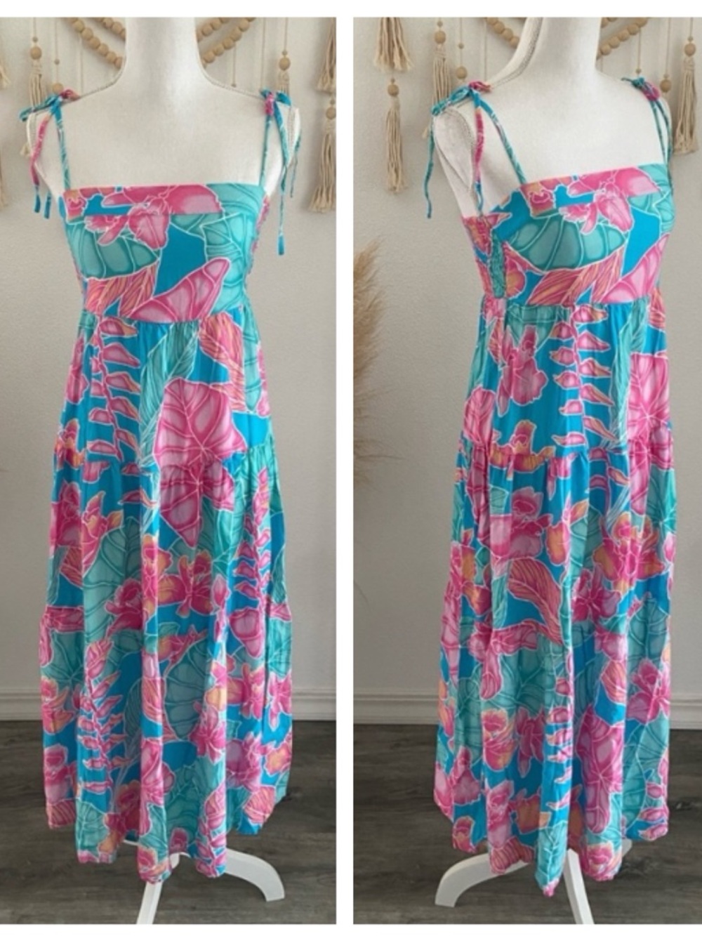 Kenny Flowers teal pink hawaiian maxi dress tropical floral resort luau vacay xs